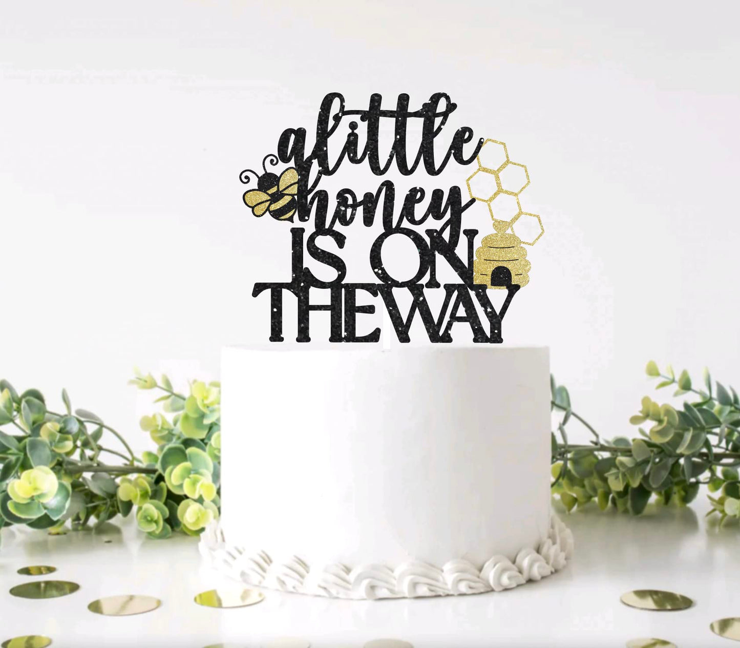 A Little Honey Is On The Way Cake Topper, Little Honey Bee Baby Shower Cake Topper,Bee Theme Baby Shower Decorations,Glitter Bee Baby Shower
