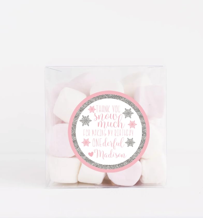 Pink Winter Onederland 1st Birthday Party Thank You Stickers, Pink Snowflake Thank You Snow Much, Personalized Name