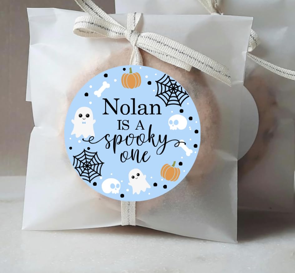 Spooky One 1st Birthday Thank You Favor Stickers - Custom Name - Halloween Birthday Labels - Light Blue
