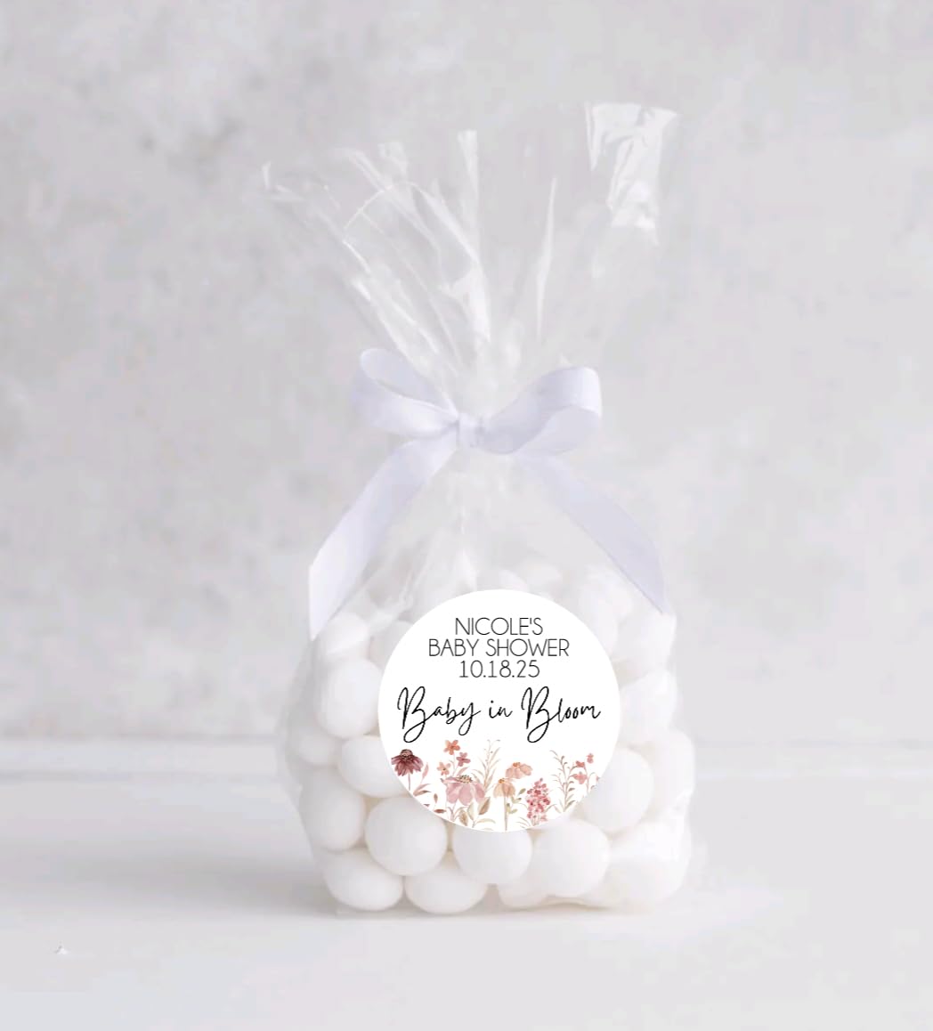 Baby in Bloom Baby Shower Favor Stickers for Girls, Wildflower Baby Sprinkle Thank You Party Favor Labels, Round Favor Stickers