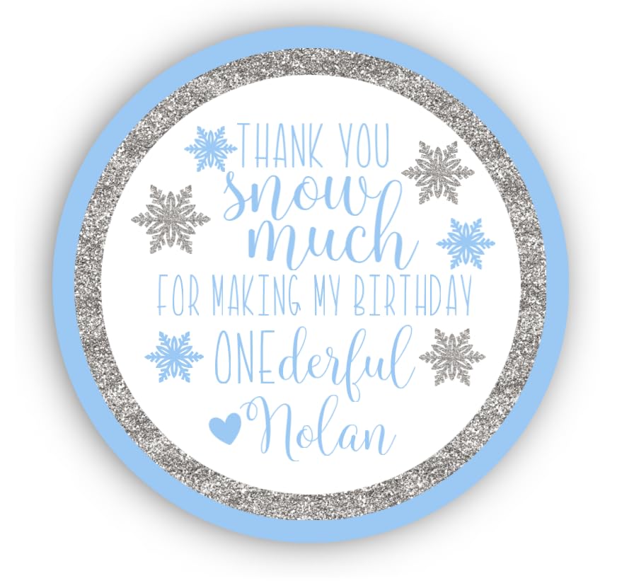 Blue Winter Onederland 1st Birthday Thank You Favor Stickers, Thank You Snow Much
