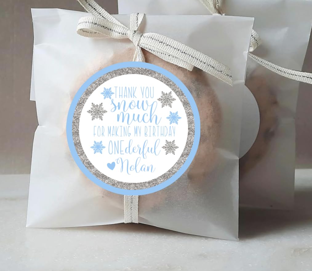 Blue Winter Onederland 1st Birthday Thank You Favor Stickers, Thank You Snow Much