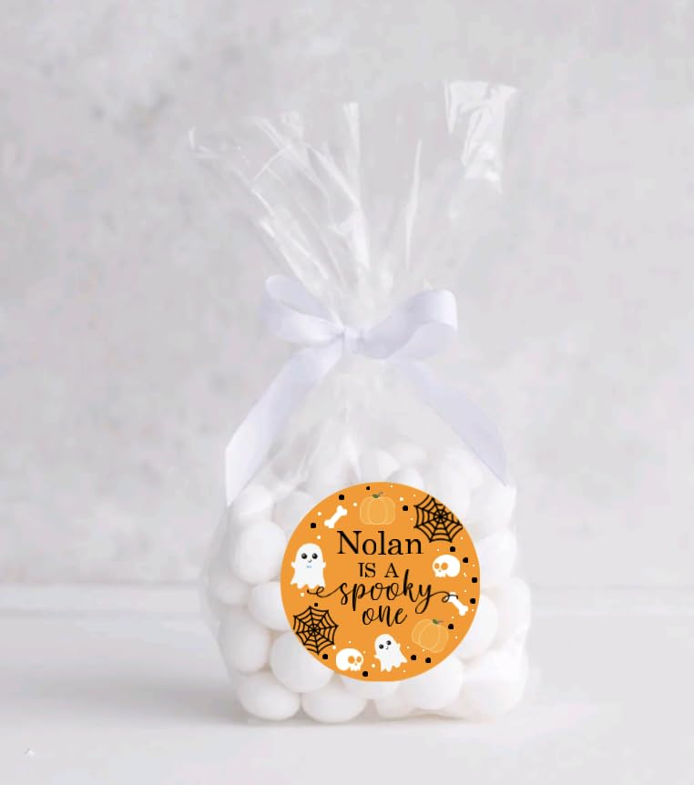 Spooky One 1st Birthday Thank You Favor Stickers - Custom Name - Halloween Birthday Labels - Orange