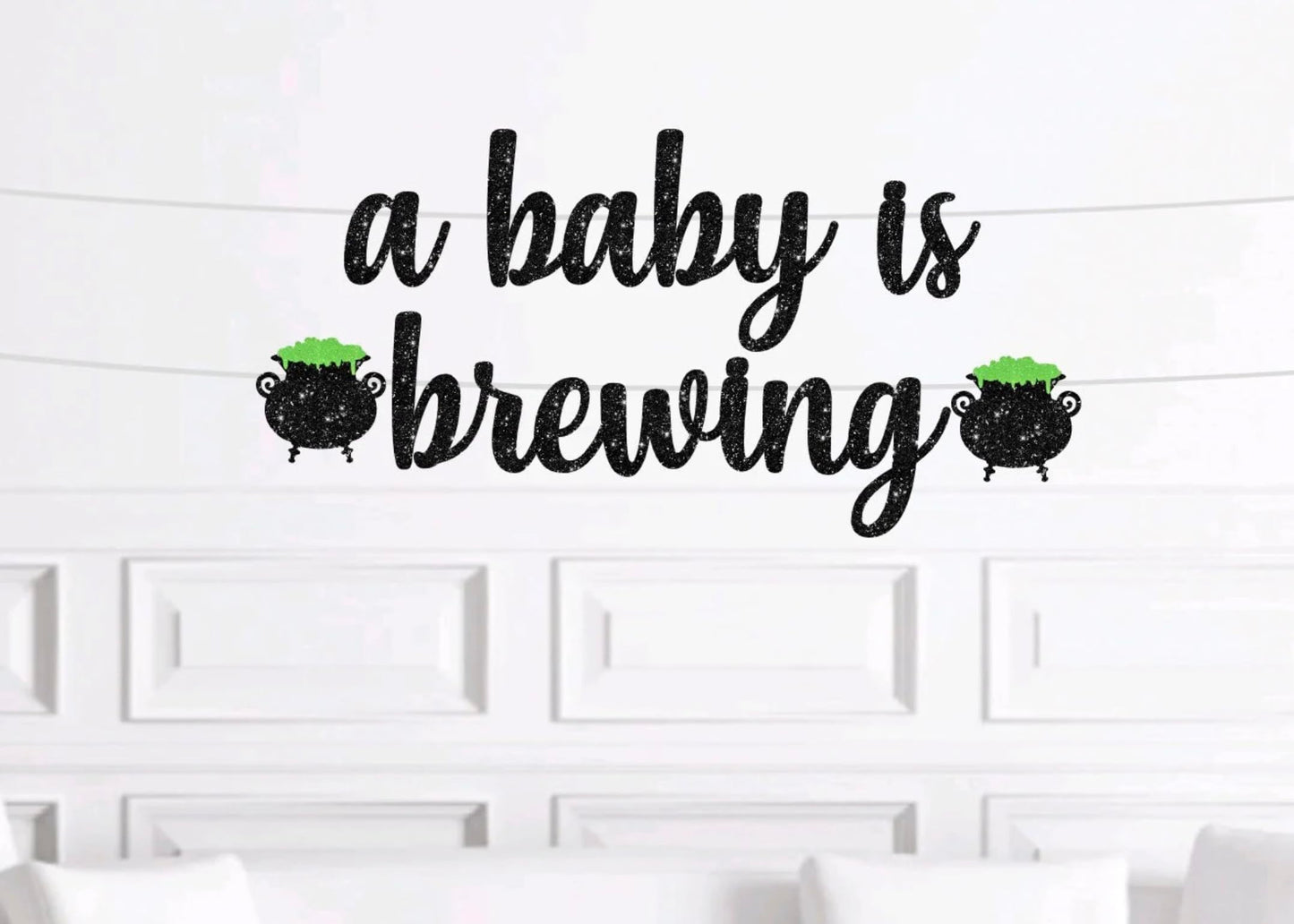 A Baby is Brewing Banner, Halloween Baby Shower Sign Decorations, Witch Pregnancy Announcement Gender Reveal Party Decorations, Black Glitter