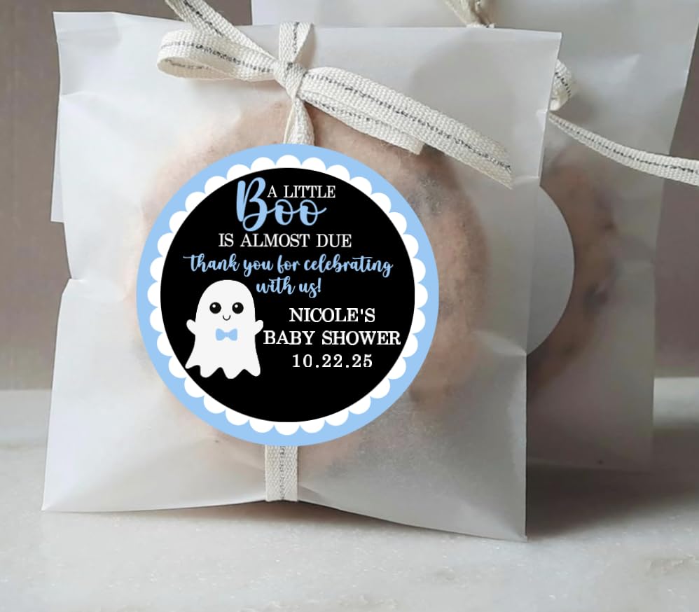 Little Boo Ghost Thank You Baby Shower Stickers - Light Blue