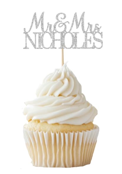 Personalized Wedding Cupcake Toppers, Custom Name, Engagement Party Decorations, Mr & Mrs Design, 18 Colors Available