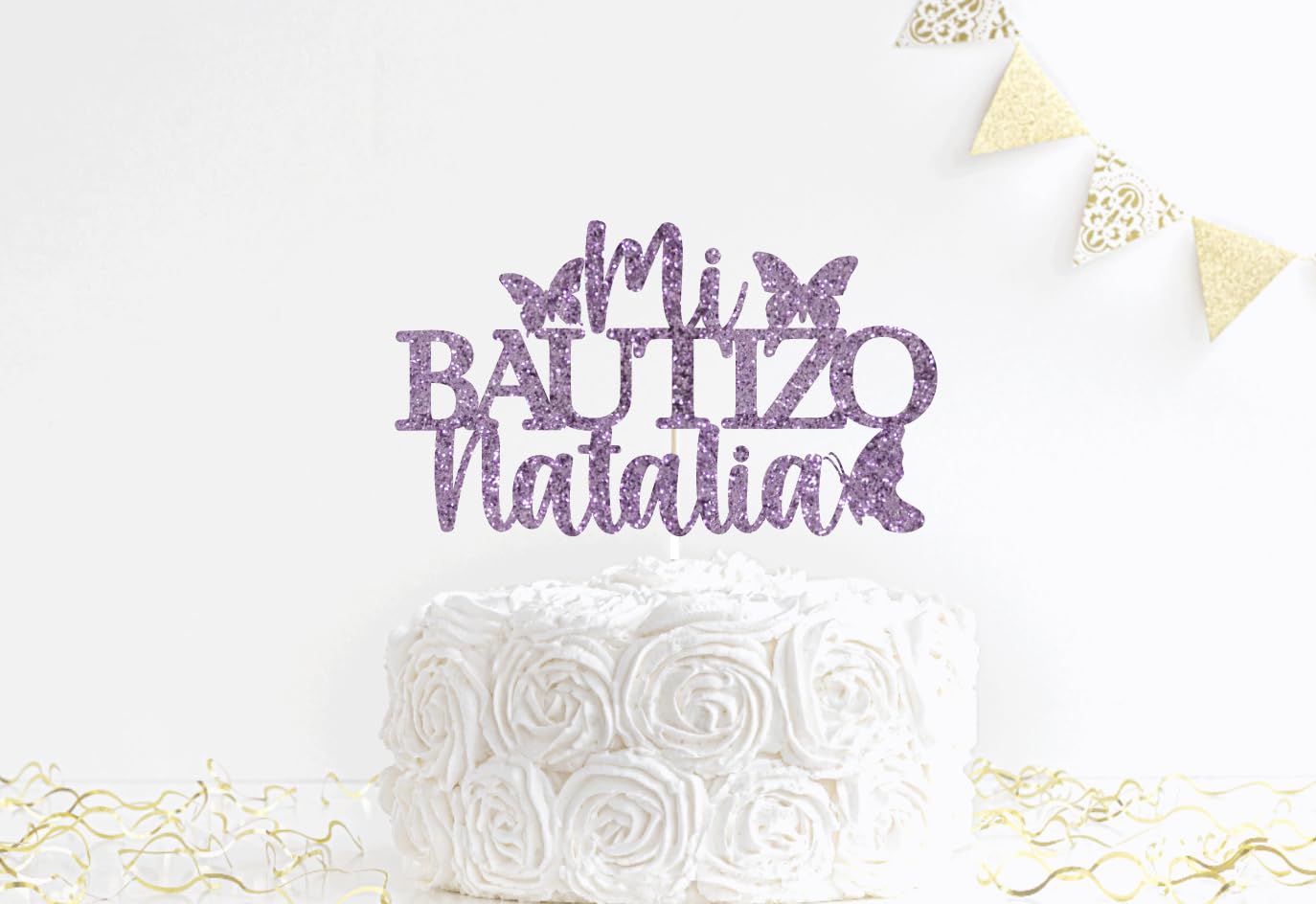 Spanish Mi Bautizo Cake Topper Glitter Cross First Holy Communion Baptism Cake Pick Religious God Bless Baptism Cake Decoration for Baby Shower Birthday Party Supplies Butterfly