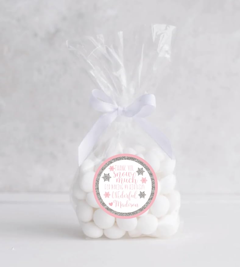 Pink Winter Onederland 1st Birthday Party Thank You Stickers, Pink Snowflake Thank You Snow Much, Personalized Name