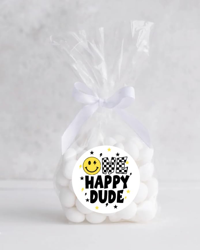 One Happy Dude Favor Stickers - Smiley Face One Birthday Party Decorations - One Cool Dude 1st Birthday Labels - 2 inch round