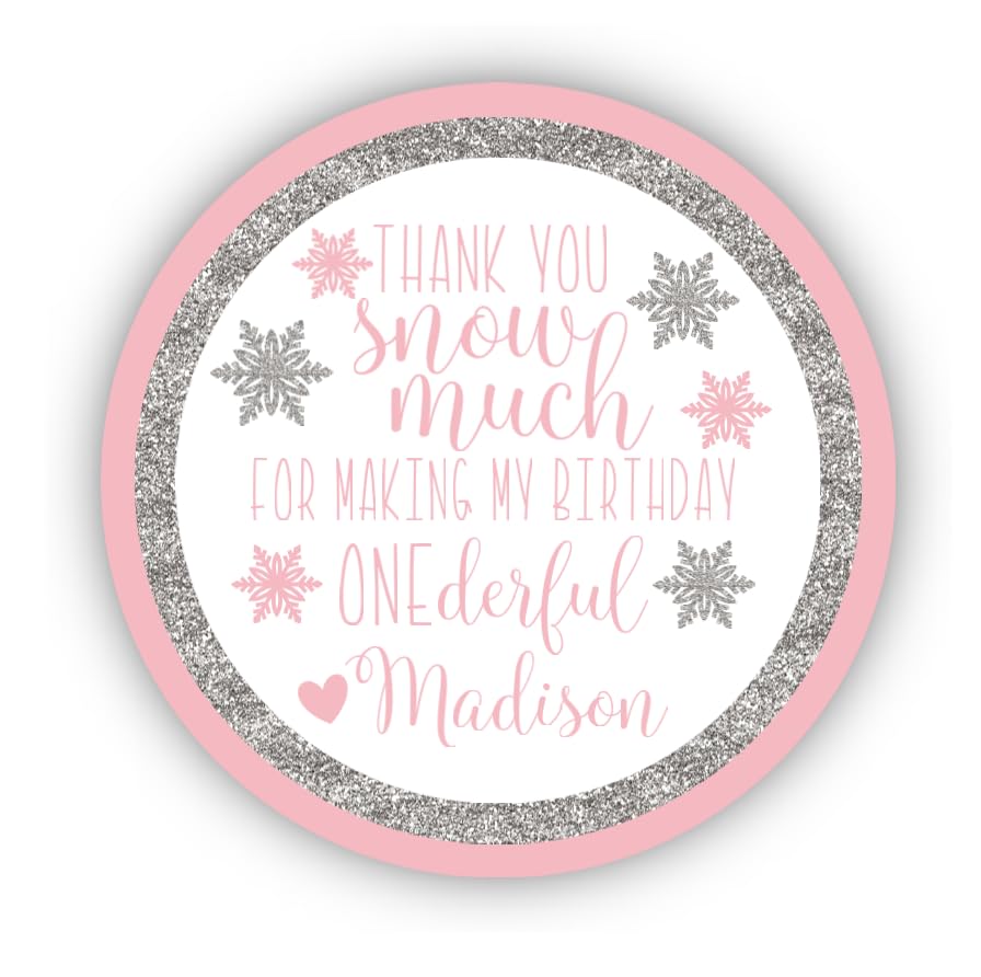 Pink Winter Onederland 1st Birthday Party Thank You Stickers, Pink Snowflake Thank You Snow Much, Personalized Name