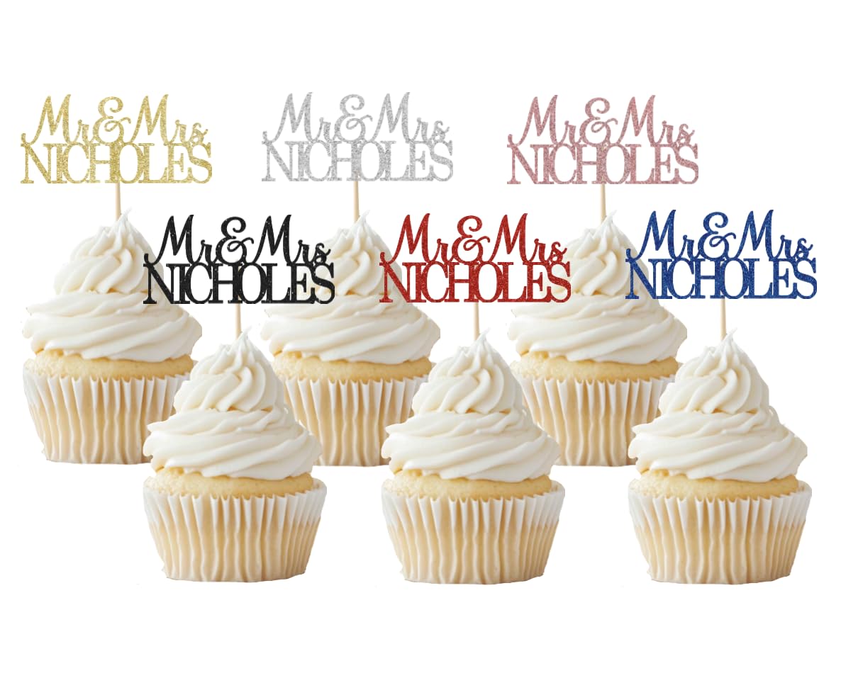 Personalized Wedding Cupcake Toppers, Custom Name, Engagement Party Decorations, Mr & Mrs Design, 18 Colors Available