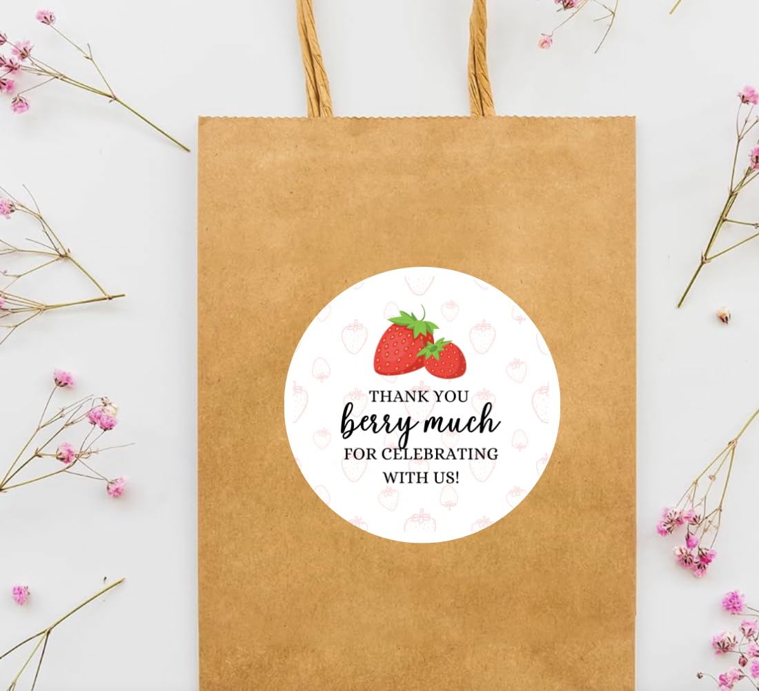 Round Strawberry Thank You Berry Much Favor Stickers