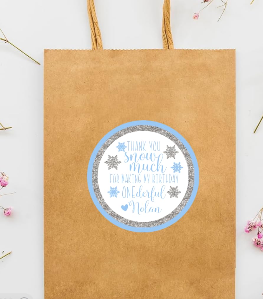 Blue Winter Onederland 1st Birthday Thank You Favor Stickers, Thank You Snow Much