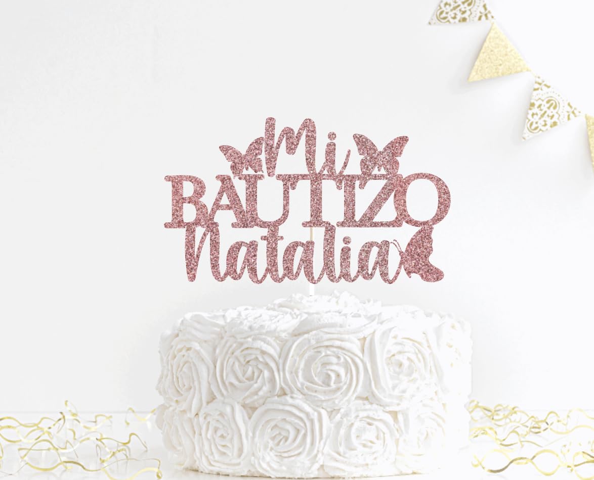 Spanish Mi Bautizo Cake Topper Glitter Cross First Holy Communion Baptism Cake Pick Religious God Bless Baptism Cake Decoration for Baby Shower Birthday Party Supplies Butterfly