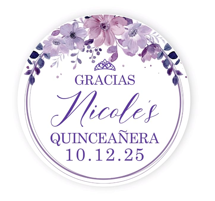 Personalized Round Circle Quinceañera Labels, Mis Quince Años Sticker Labels with Custom Name for Quince Favors Invitations XV, 15th Birthday, Quinceanera Decorations