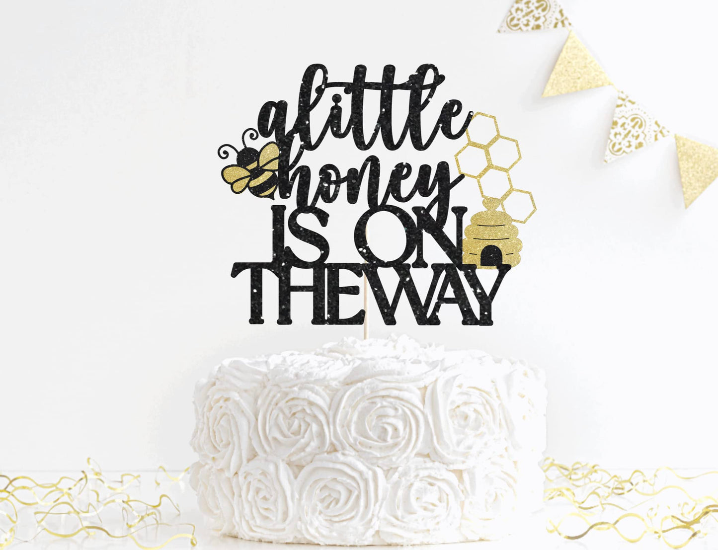 A Little Honey Is On The Way Cake Topper, Little Honey Bee Baby Shower Cake Topper,Bee Theme Baby Shower Decorations,Glitter Bee Baby Shower