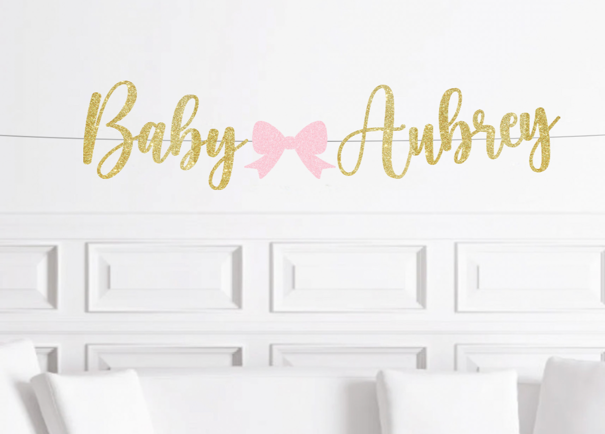 Bow Baby Shower Banner, Custom Personalized Baby Shower Sign, Bow Glitter Banner, Custom Colors to Choose From