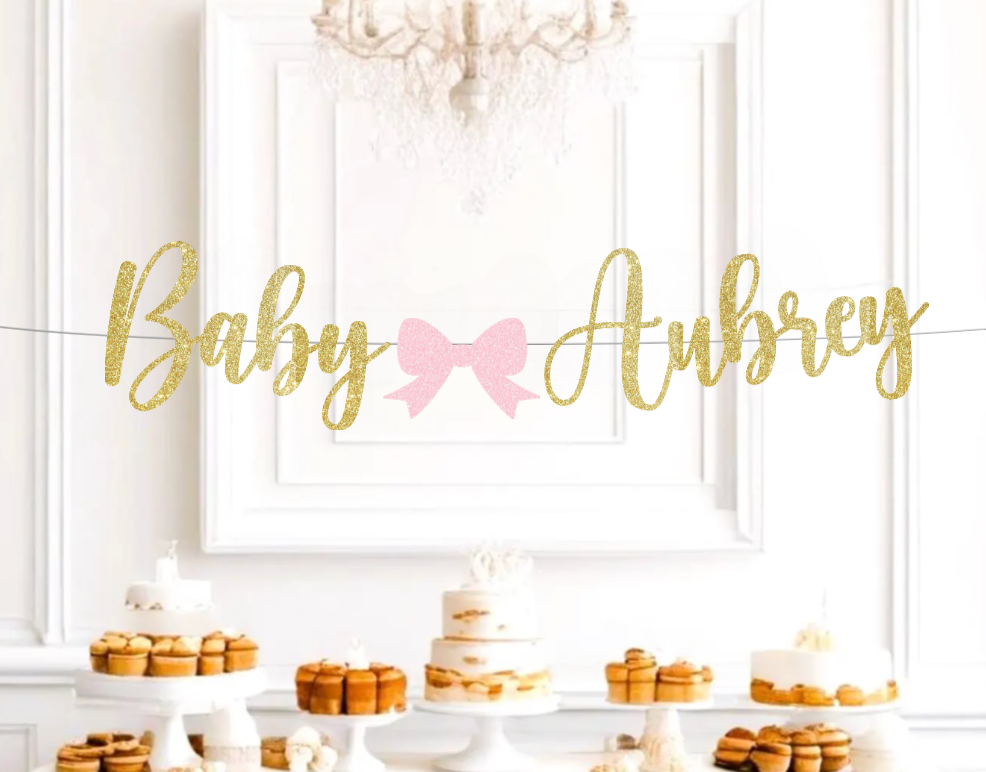 Bow Baby Shower Banner, Custom Personalized Baby Shower Sign, Bow Glitter Banner, Custom Colors to Choose From