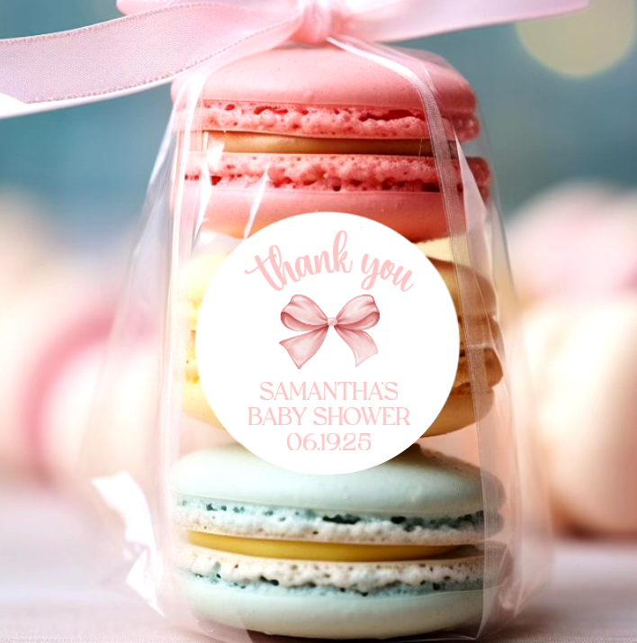 Personalized Pink Bow Baby Shower Stickers, Bow Party Decorations, Thank You Stickers for Candy, Favors, Envelopes, Guests, Coquette Baby Shower Decorations, Party Decor