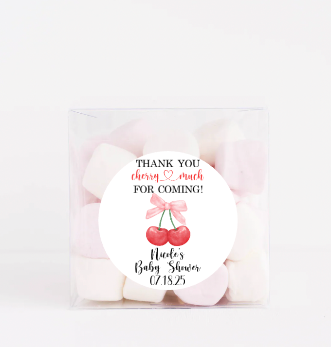 Personalized Cherry With Bow Thank You Favor Stickers, Baby Shower Decorations