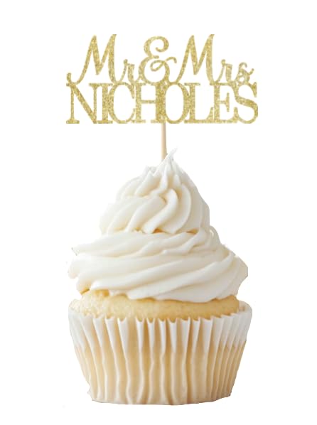 Personalized Wedding Cupcake Toppers, Custom Name, Engagement Party Decorations, Mr & Mrs Design, 18 Colors Available