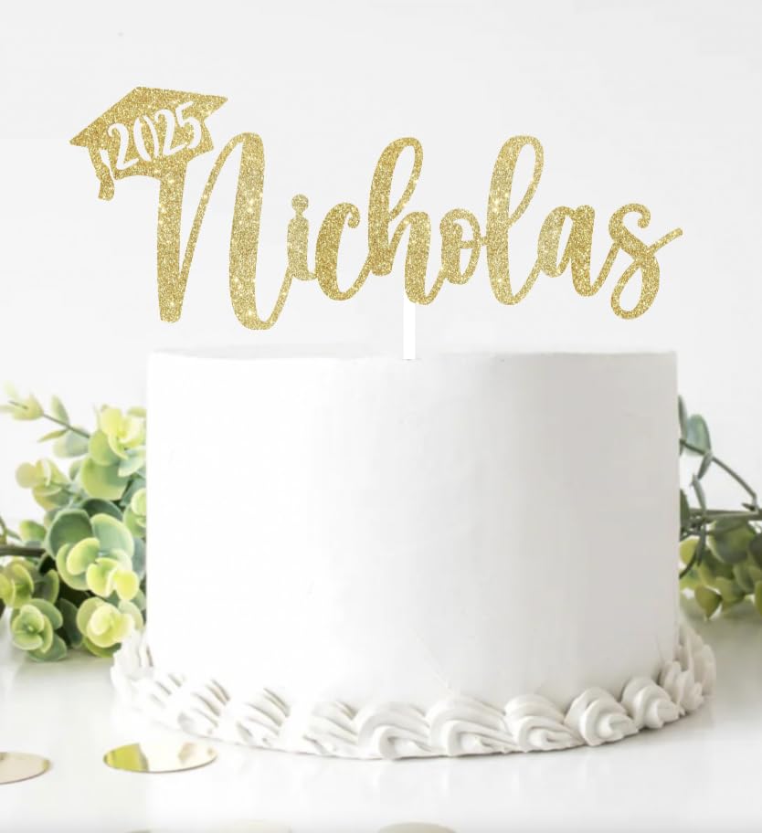 2025 Graduation Cake Topper, Gold Glitter Personalized Name Congrats Graduation Design, Party Decoration, 2 Sided glitter, Black