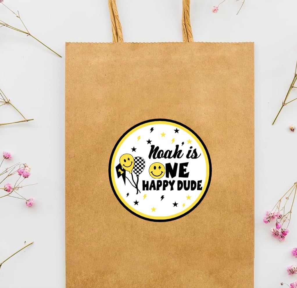 One Happy Dude Favor Stickers - Smiley Face One Birthday Party Decorations - One Cool Dude 1st Birthday Labels