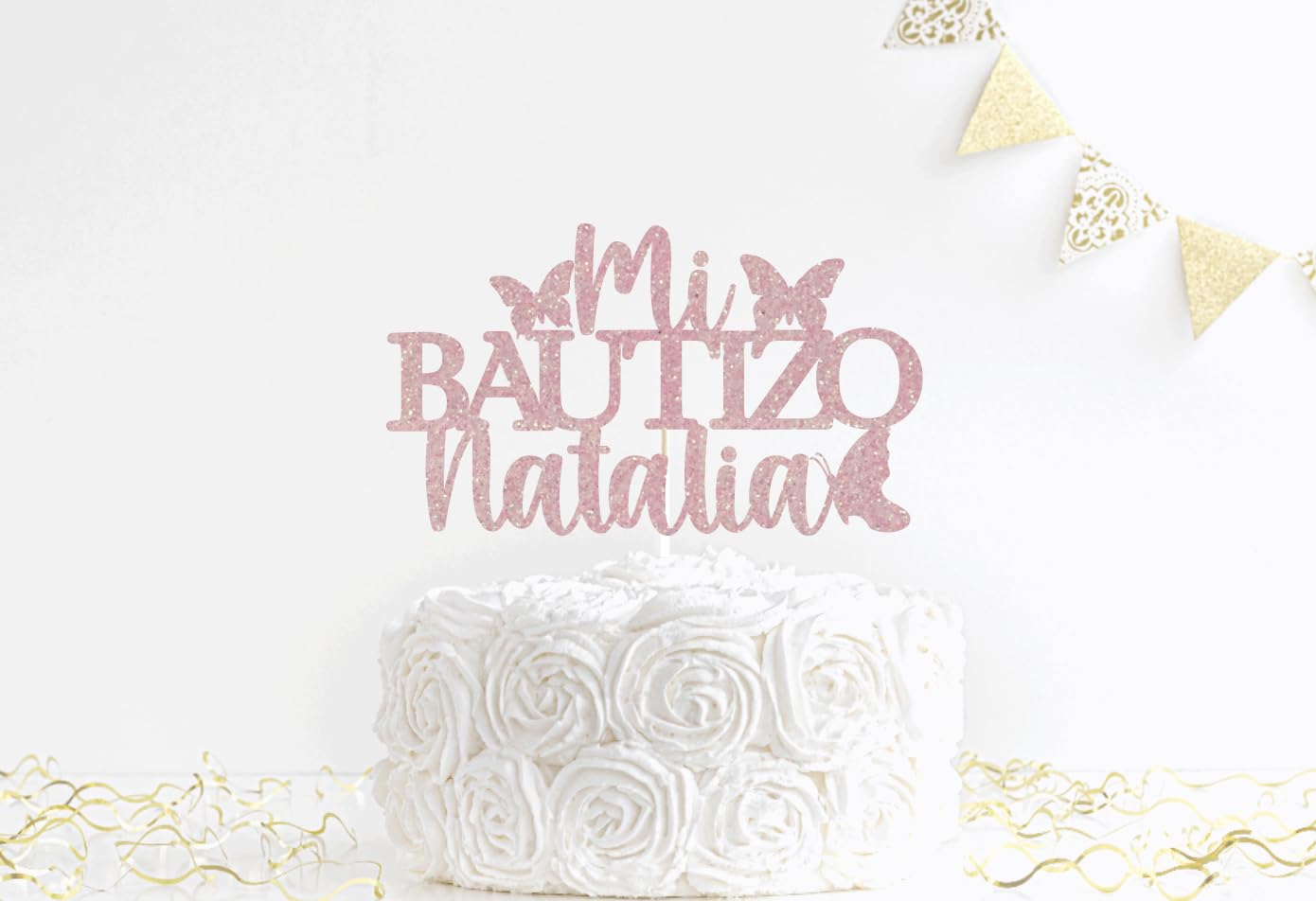 Spanish Mi Bautizo Cake Topper Glitter Cross First Holy Communion Baptism Cake Pick Religious God Bless Baptism Cake Decoration for Baby Shower Birthday Party Supplies Butterfly