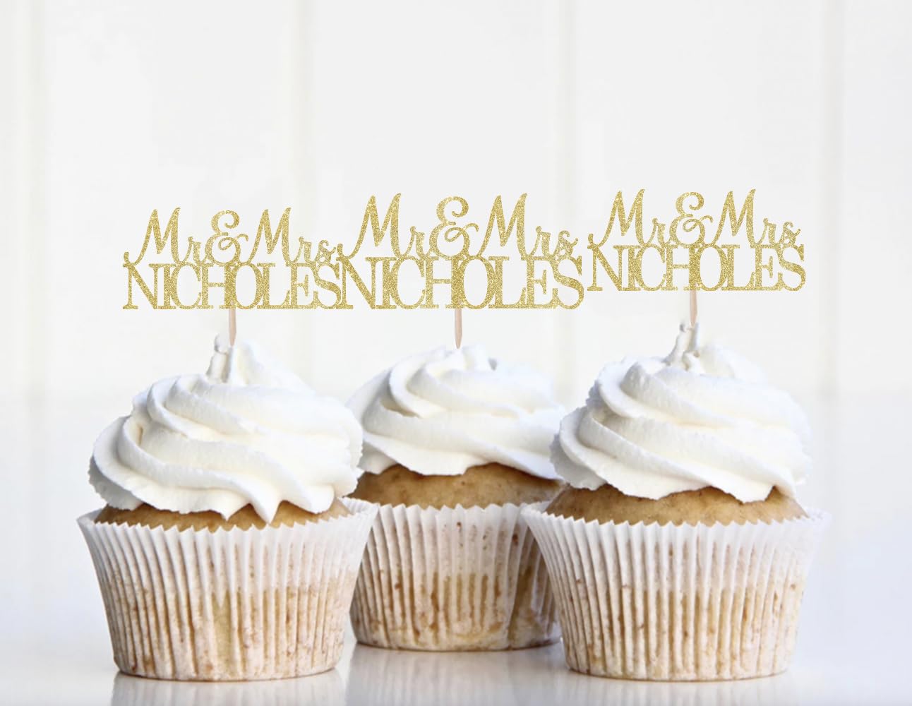 Personalized Wedding Cupcake Toppers, Custom Name, Engagement Party Decorations, Mr & Mrs Design, 18 Colors Available