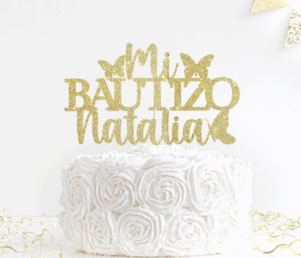 Spanish Mi Bautizo Cake Topper Glitter Cross First Holy Communion Baptism Cake Pick Religious God Bless Baptism Cake Decoration for Baby Shower Birthday Party Supplies Butterfly