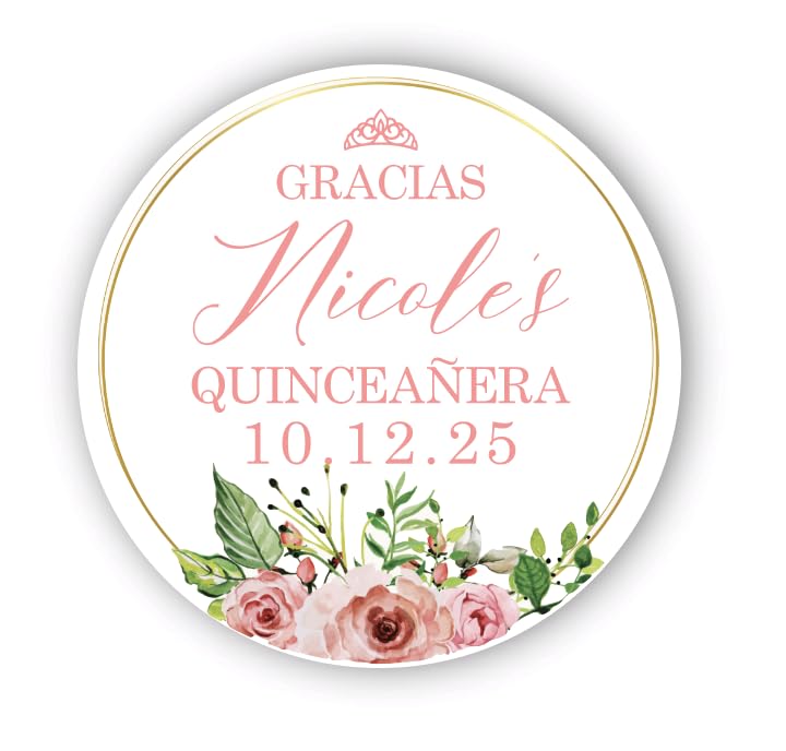 Personalized Round Circle Quinceañera Labels, Mis Quince Años Sticker Labels with Custom Name for Quince Favors Invitations XV, 15th Birthday, Quinceanera Decorations