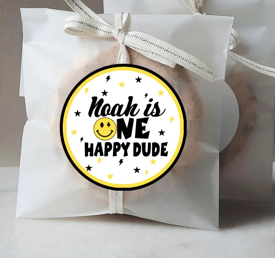 One Happy Dude Favor Stickers - Smiley Face One Birthday Party Decorations - One Cool Dude 1st Birthday Labels