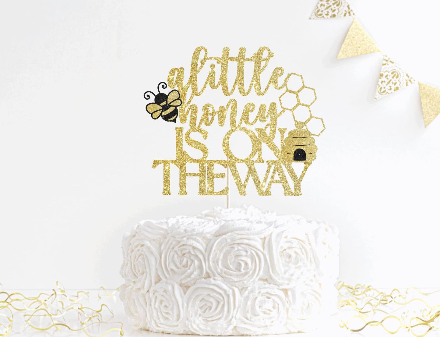 A Little Honey Is On The Way Cake Topper, Little Honey Bee Baby Shower Cake Topper,Bee Theme Baby Shower Decorations,Glitter Bee Baby Shower