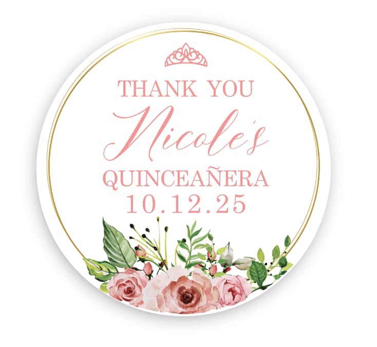 Personalized Round Circle Quinceañera Labels, Mis Quince Años Sticker Labels with Custom Name for Quince Favors Invitations XV, 15th Birthday, Quinceanera Decorations