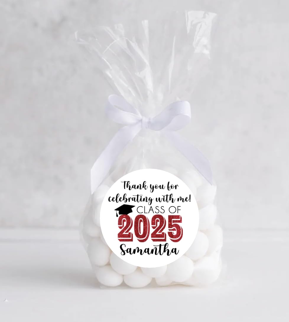 Graduation Party Favor Labels, Graduation Party Favor Stickers, Custom Graduation Party Favor Labels, Class of 2025 (Red)