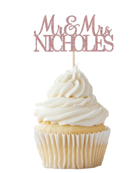 Personalized Wedding Cupcake Toppers, Custom Name, Engagement Party Decorations, Mr & Mrs Design, 18 Colors Available