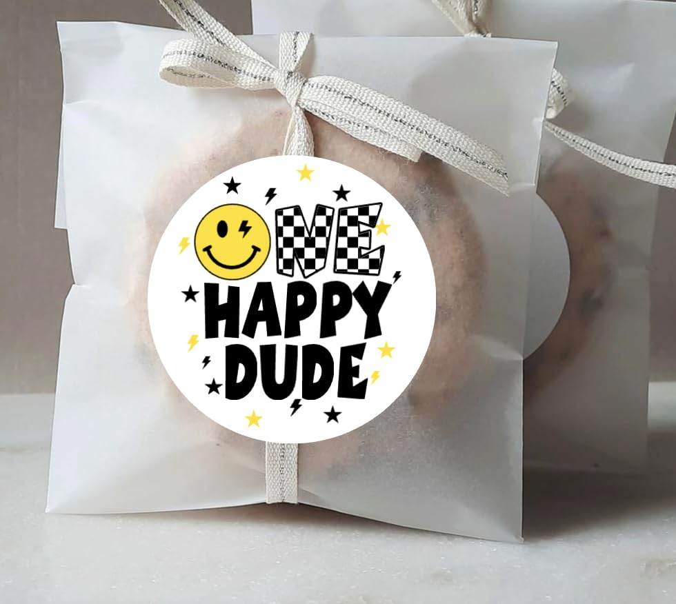 One Happy Dude Favor Stickers - Smiley Face One Birthday Party Decorations - One Cool Dude 1st Birthday Labels - 2 inch round
