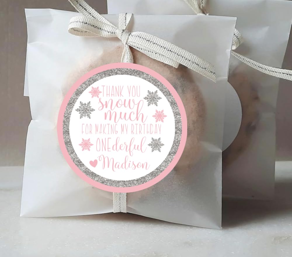 Pink Winter Onederland 1st Birthday Party Thank You Stickers, Pink Snowflake Thank You Snow Much, Personalized Name