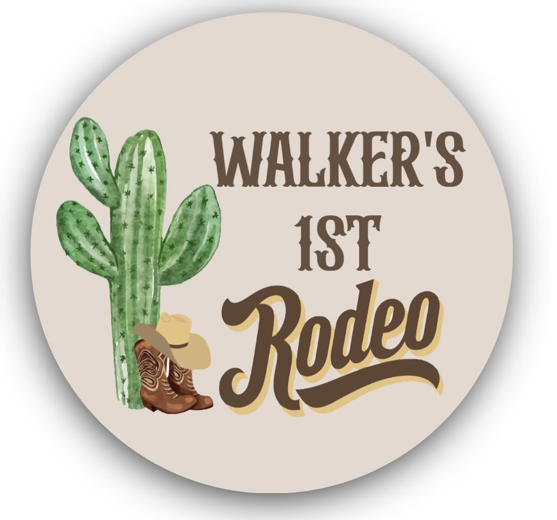 Personalized My First Rodeo - Custom Little Cowboy 1st Birthday Party Favor Circle Sticker Labels - Custom Text