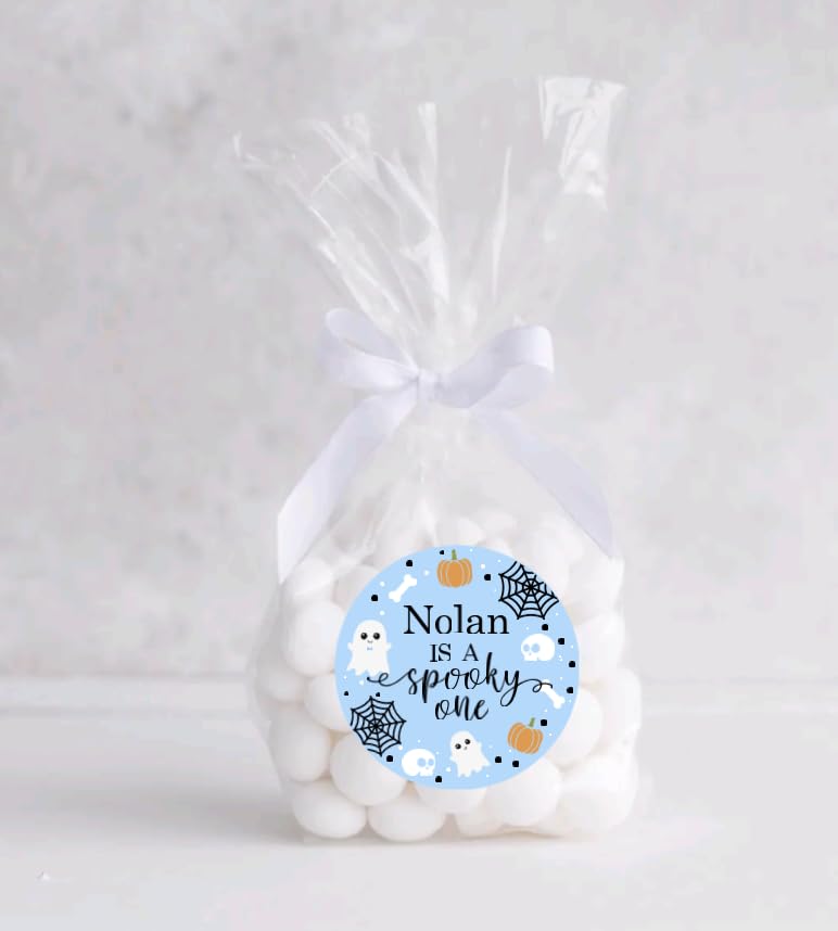 Spooky One 1st Birthday Thank You Favor Stickers - Custom Name - Halloween Birthday Labels - Light Blue