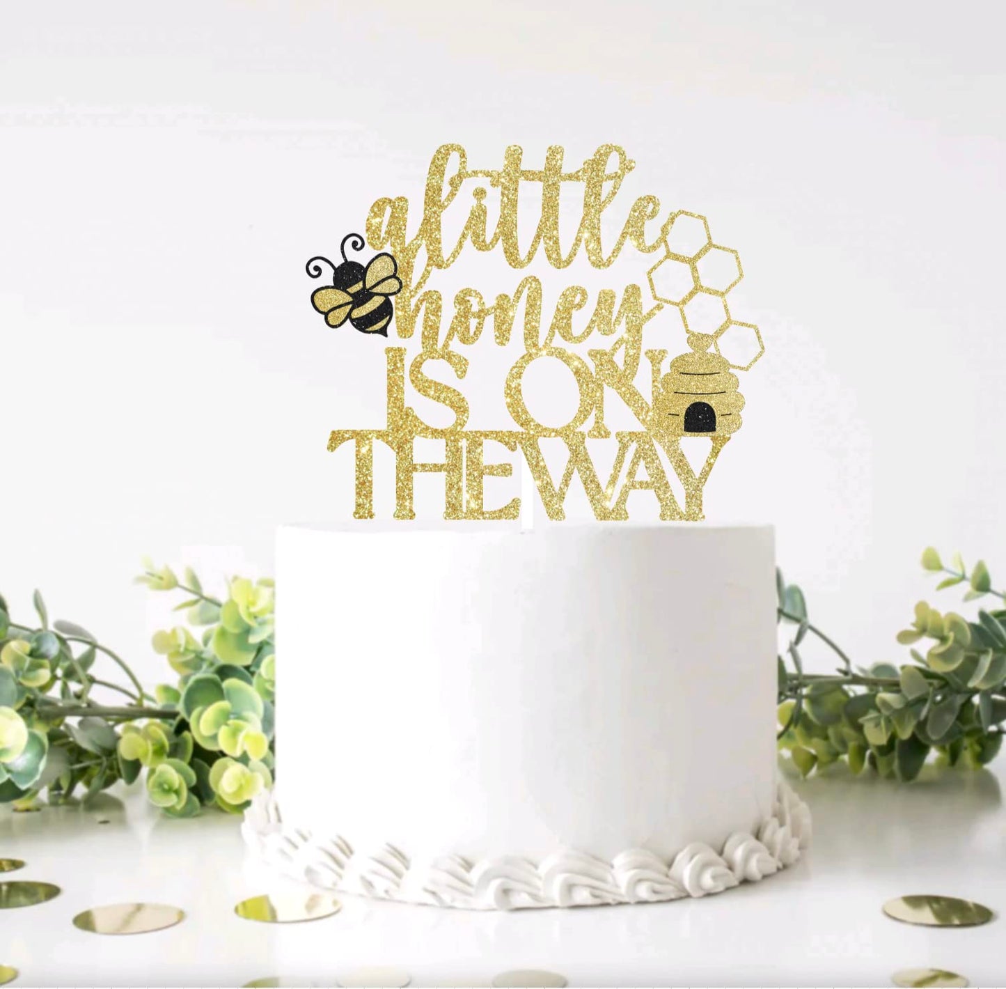 A Little Honey Is On The Way Cake Topper, Little Honey Bee Baby Shower Cake Topper,Bee Theme Baby Shower Decorations,Glitter Bee Baby Shower