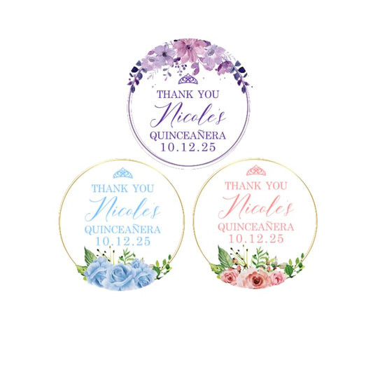 Personalized Round Circle Quinceañera Labels, Mis Quince Años Sticker Labels with Custom Name for Quince Favors Invitations XV, 15th Birthday, Quinceanera Decorations