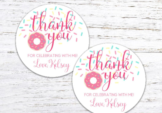 Donut Birthday Thank you Stickers, Donut Thank You Treat Bag Stickers, Donut Birthday Decorations, Personalized Donut Label