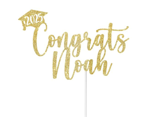 2025 Graduation Cake Topper, Gold Glitter Personalized Name Congrats Graduation Design, Party Decoration, 2 Sided glitter