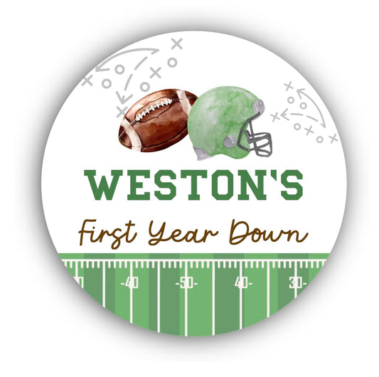 First Year Down Favor Stickers - Football First Birthday Labels, First Year Down Decor, Boy 1st Birthday Party Decorations