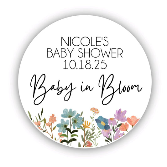 Baby in Bloom Baby Shower Favor Stickers for Girls, Wildflower Baby Sprinkle Thank You Party Favor Labels, Round Favor Stickers