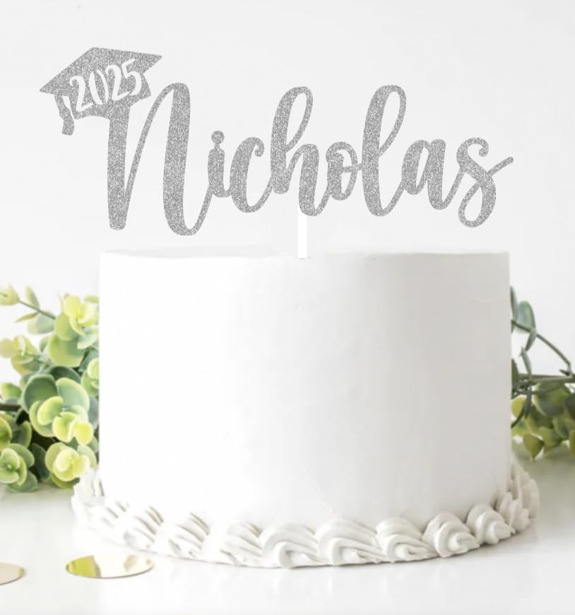 2025 Graduation Cake Topper, Gold Glitter Personalized Name Congrats Graduation Design, Party Decoration, 2 Sided glitter, Black
