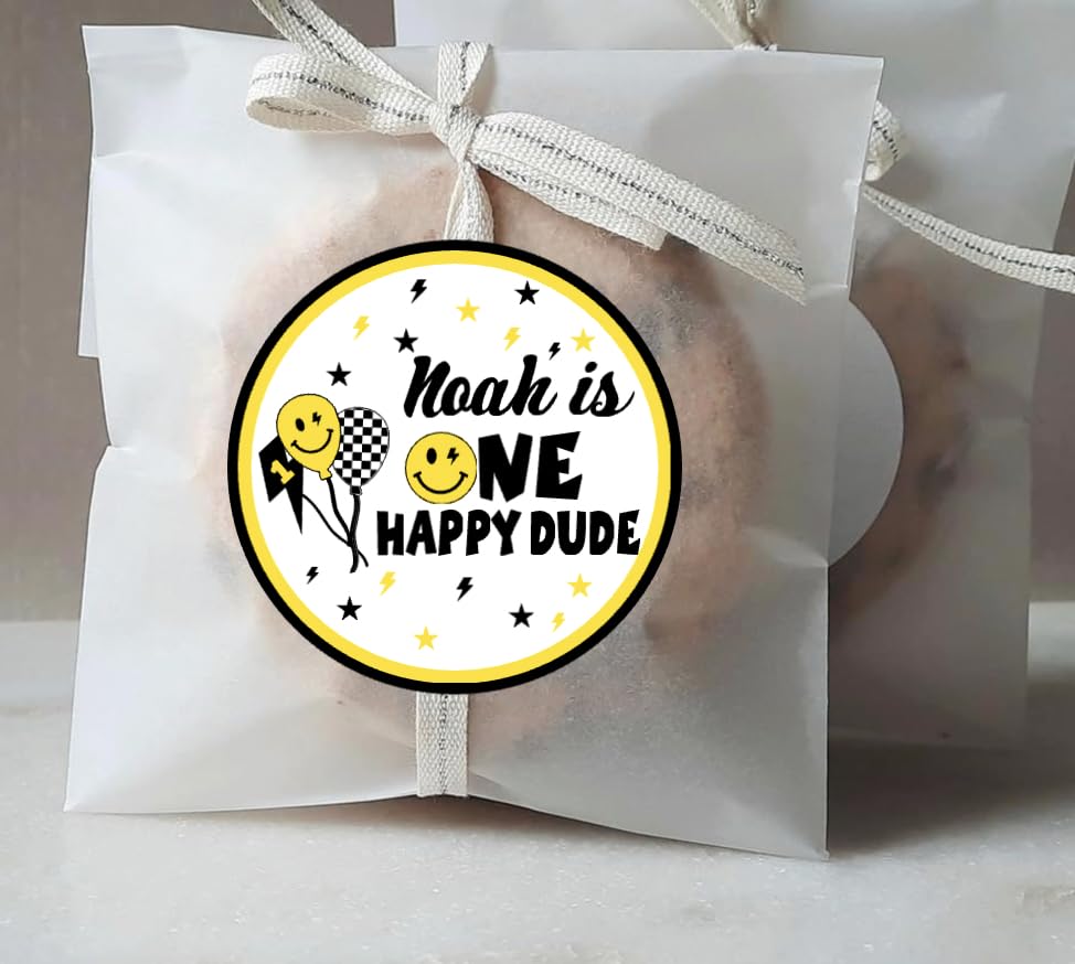 One Happy Dude Favor Stickers - Smiley Face One Birthday Party Decorations - One Cool Dude 1st Birthday Labels