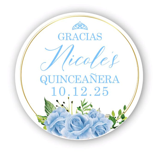 Personalized Round Circle Quinceañera Labels, Mis Quince Años Sticker Labels with Custom Name for Quince Favors Invitations XV, 15th Birthday, Quinceanera Decorations