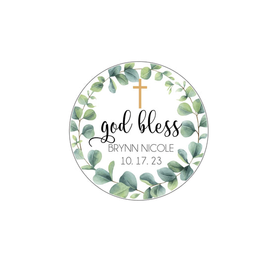 Greenery Personalized Custom Baptism Christening Favor Sticker Labels God Bless
